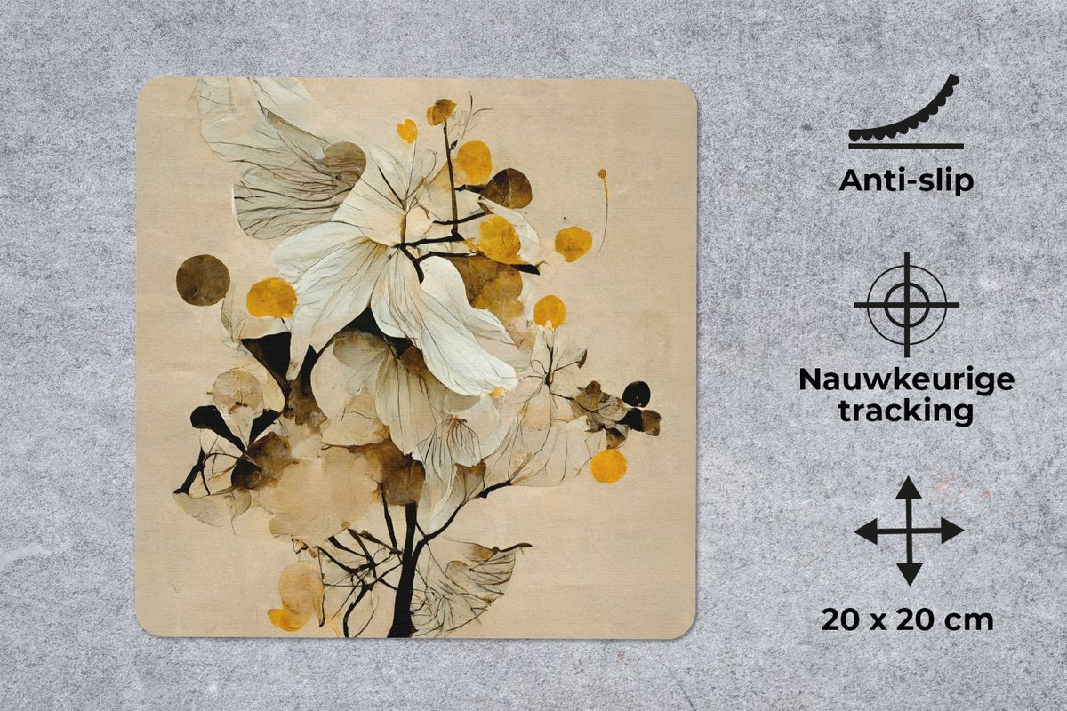 Muismat 20x20 cm - Mousepad Bloemen - Planten - Goud - Vintage - Muismatten