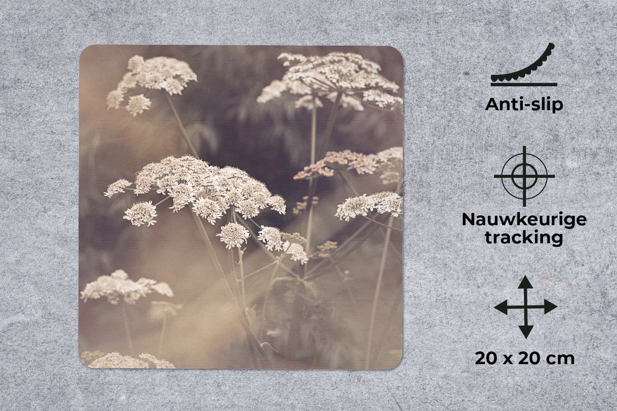 Muismat 20x20 cm - Mousepad Plant - Wit - Natuur - Bloemen - Muismatten