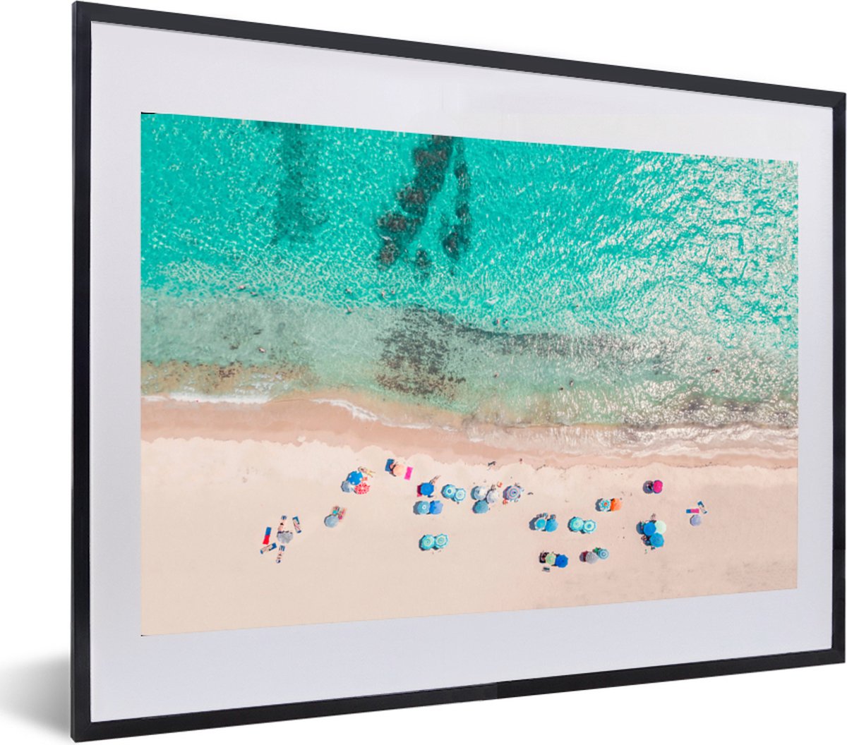 Fotolijst incl. Poster - Zee - Strand - Zomer - Parasols - Blauw - 60x40 cm - Posterlijst