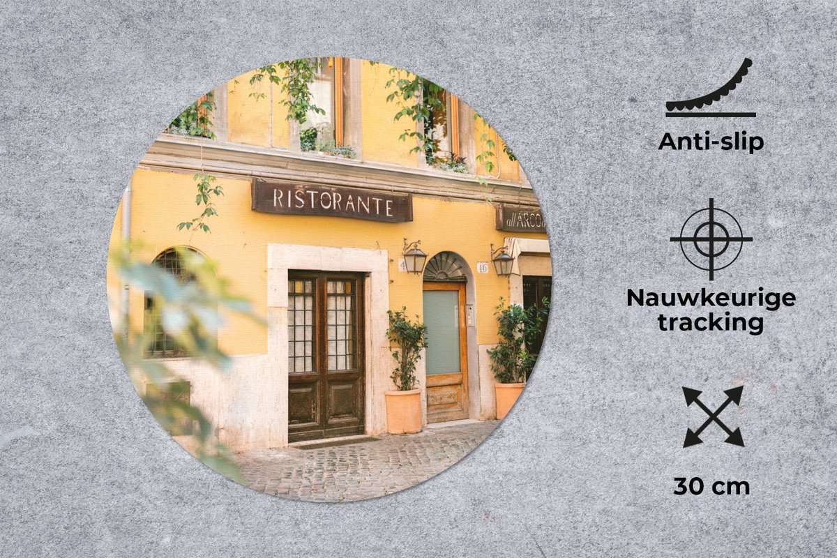 Muismat rond 30x30 cm - Mousepad Rome - Restaurant - Geel - Planten - Deur - Ronde muismatten
