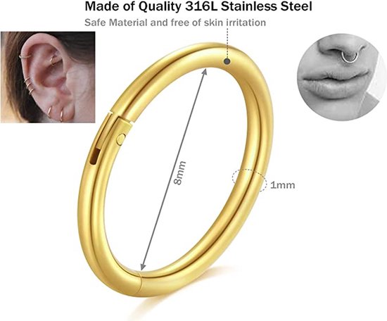 Gouden clicker ring, 8mm diameter, 1mm dikte. Met foto's van oor- en septum piercings.