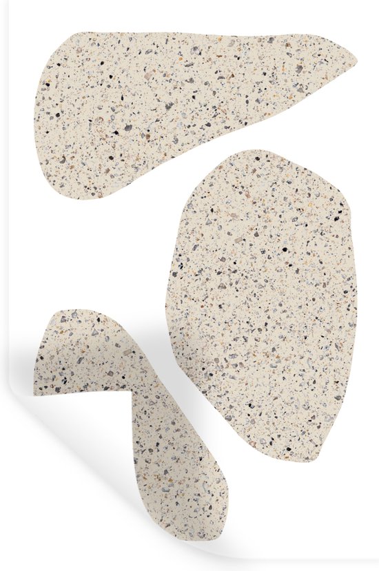 Zelfklevende muursticker met abstract stenen motief op een witte achtergrond met een omgekrulde hoek.