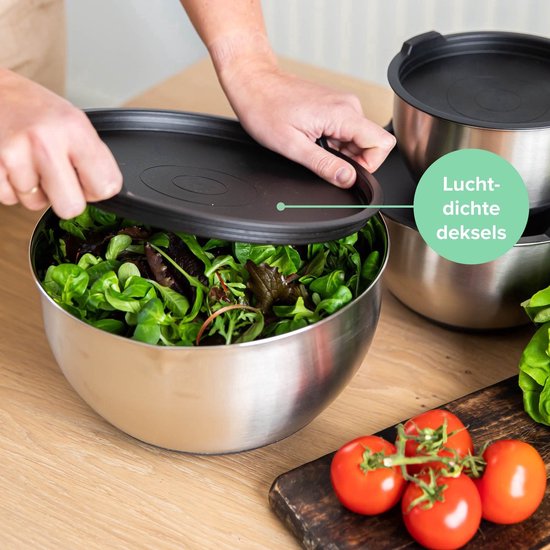 Joyfair Set mengkommen, 3-delige roestvrijstalen kom met luchtdichte deksel en antislip bodem, slakomset voor keuken, bakken, koken, bereiding, vaatwasmachinebestendig, 4,6 l, 2,8 l, 1,2 l