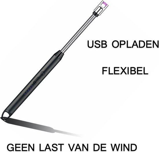 Zwarte USB oplaadbare aansteker met flexibele nek. "USB OPLADEN FLEXIBEL GEEN LAST VAN DE WIND"