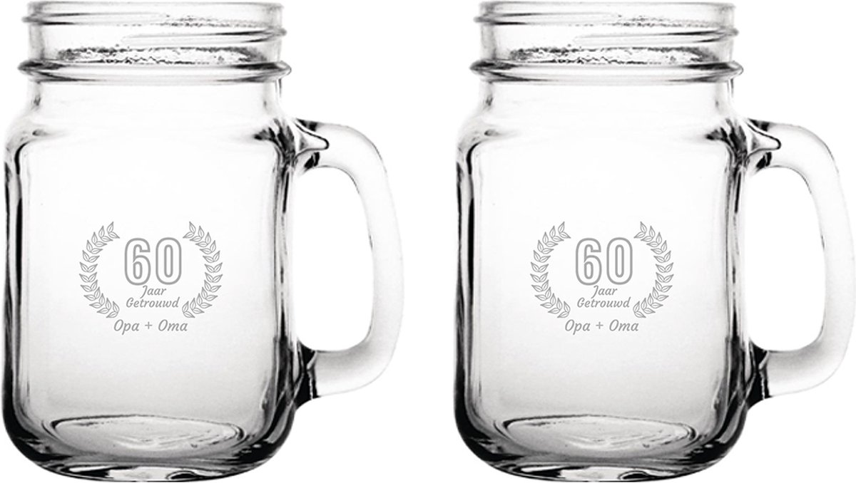 Gegraveerde set Drinkglazen 45cl Opa + Oma 60 jaar getrouwd