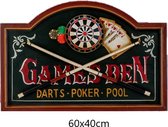 Houten Wandbord - Games Den Darts Poker Pool Game Room / Man Cave Pub Cafe