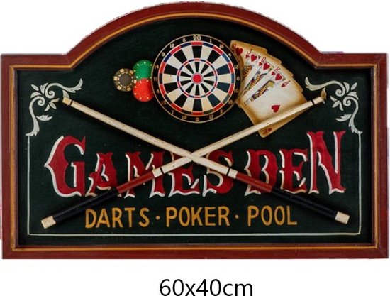 Houten Wandbord - Games Den Darts Poker Pool Game Room / Man Cave Pub Cafe