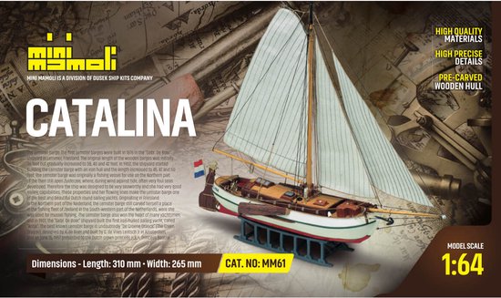 Model van de Catalina Lemsteraak, schaal 1:64, met witte romp, groene lijn en houten dek.