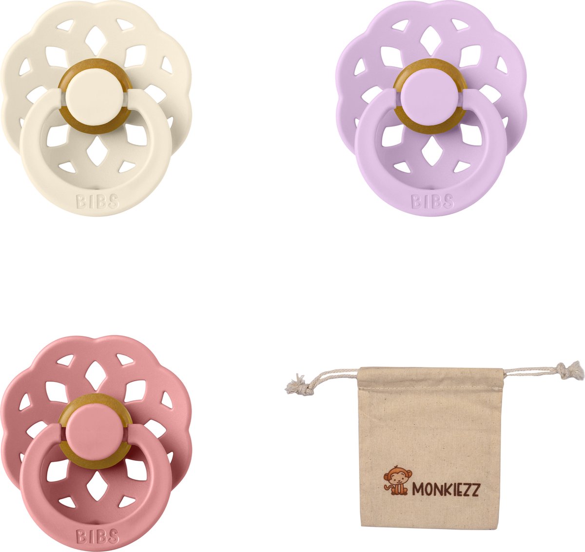 Goedkoopste Bibs boheme fopspenen - Maat 1 0-6 maanden -Ivory, Dusky Liliac, Dusty Pink Monkiezz speenzakje