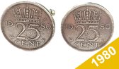 Manchetknopen Kwartje 1980 Verzilverd - Uniek en Stijlvol Sieraad met Jaartal - Cadeau Geboortejaar - Alle Jaartallen Beschikbaar - Doorsnede 1,8 cm