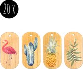 20x Labels van karton / Cadeaulabels | TROPICAL | 50 x 25 mm | flamingo, ananas, cactus & palm