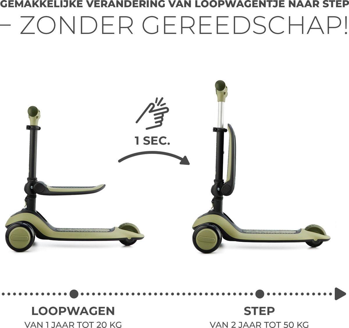 Kinderkraft HALLEY 2-in-1 Loopfiets en Driewieler Step - Voor Kinderen van 1-5 Jaar, Max 50 kg - Verstelbaar Zadel en Stuur, Opvouwbaar, LED Wielen - Groen — afbeelding 3