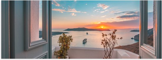 Poster Glanzend – Uitzicht op Zonsondergang in de Oceaan vanaf Grieks Balkon - 90x30 cm Foto op Posterpapier met Glanzende Afwerking
