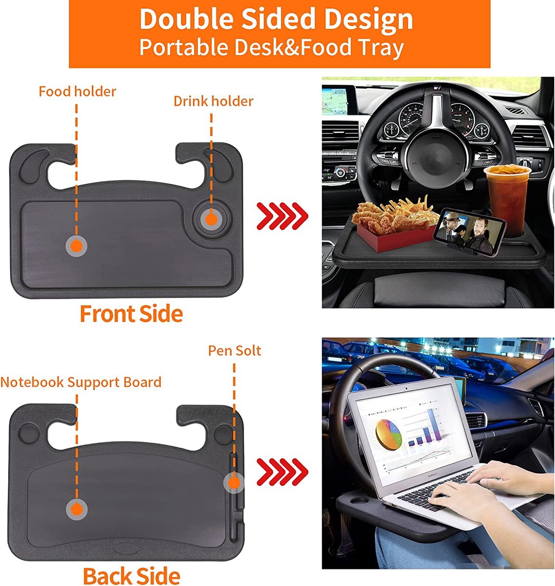 Support de voiture Bureau de voiture Porte-café Universel Volant de voiture  Support de téléphone Pliant Ordinateur portable Table Siège Auto Goods Tray