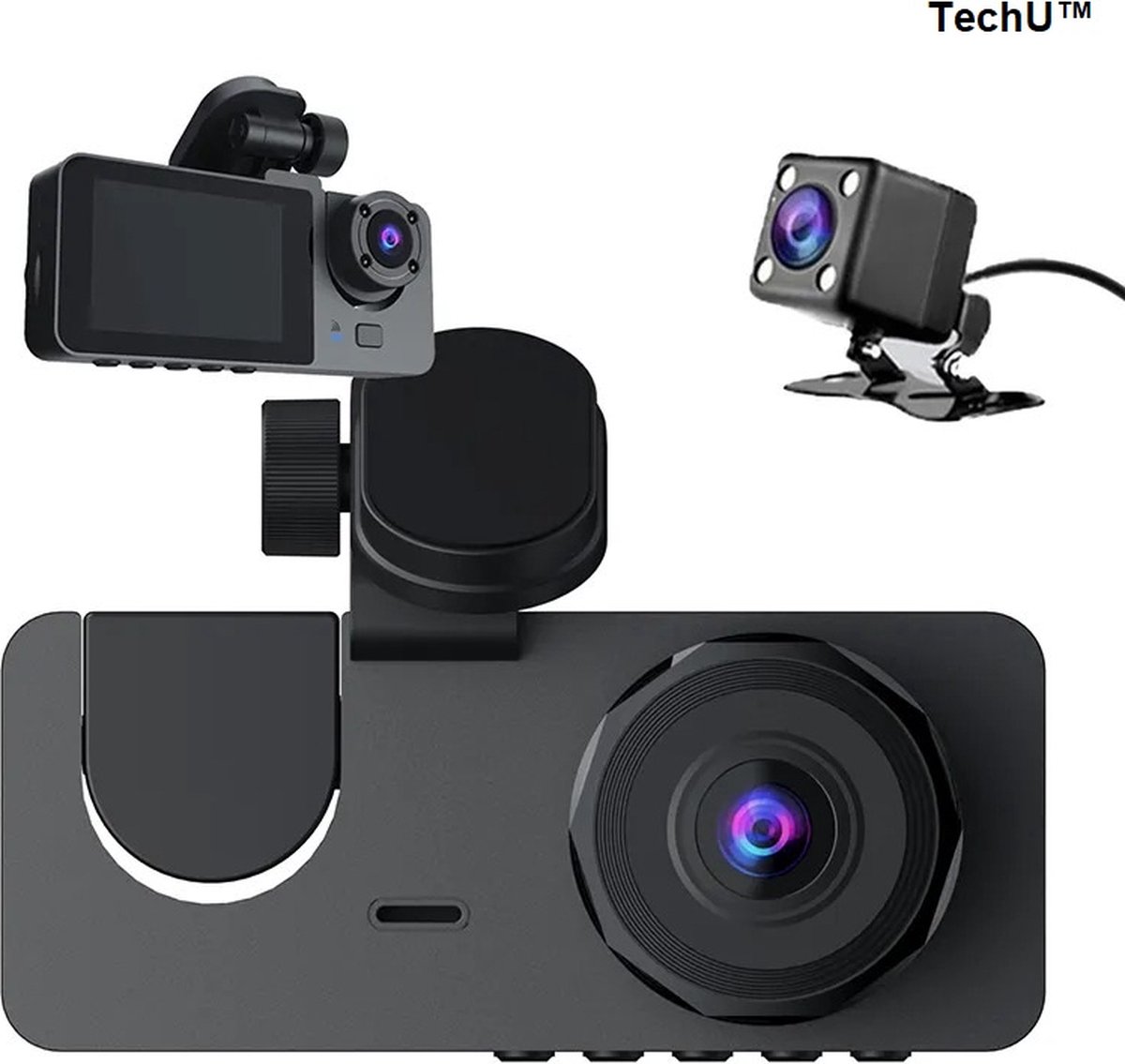 TechU™ Dashcam Camera – M44 Grijs – 3 Camera's Dashboardcamera – Camera Voor, Binnen, Achter – Wifi – 170° Wijdhoeklens – G-sensor – Nachtvisie – Loop recording – Bewegingssensor – Parkeermodus – Voor Auto
