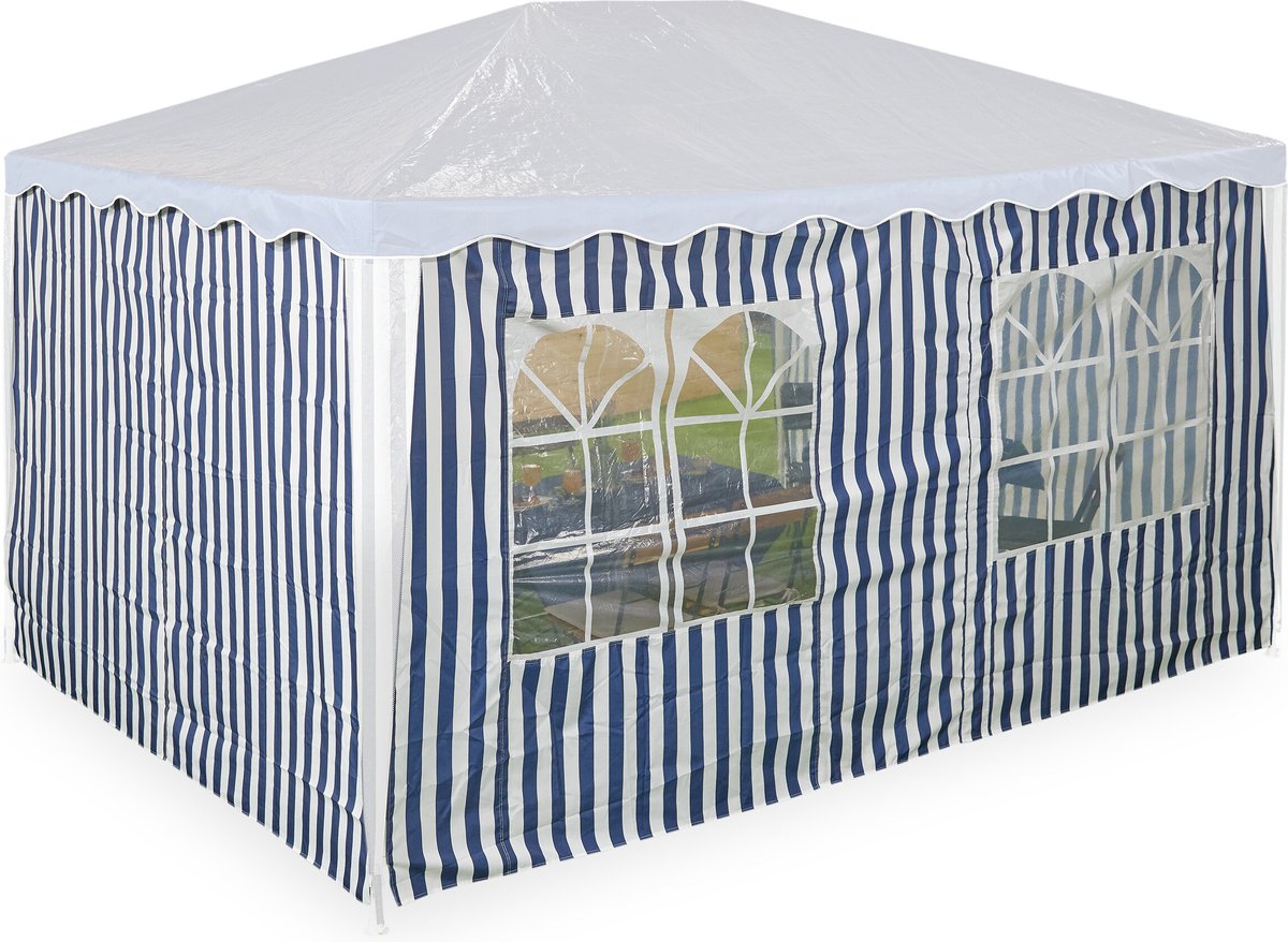 Partytent zijwanden set van 3 zijkanten tuintenten 3x4m ramen klittenband polyester blauw-wit