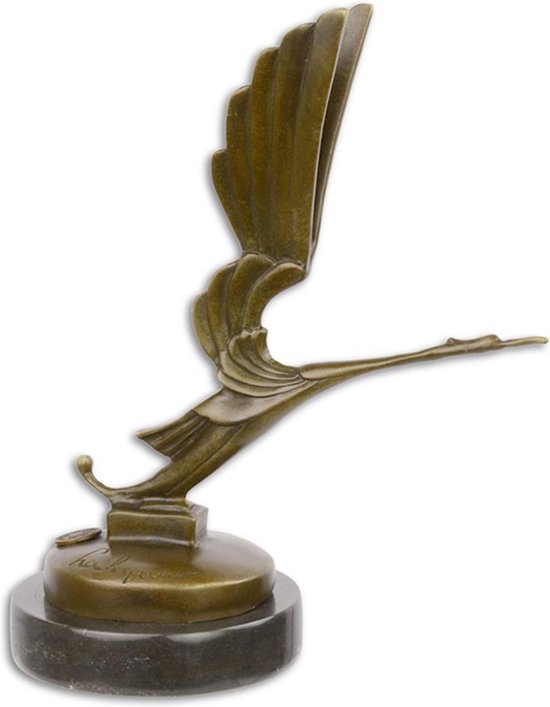 Art Deco Ooievaar, Bronzen Beeld Vogel, Beeld op Marmer Sokkel, Auto Mascotte Sculptuur, Brons Standbeeld Art Deco Kunst
