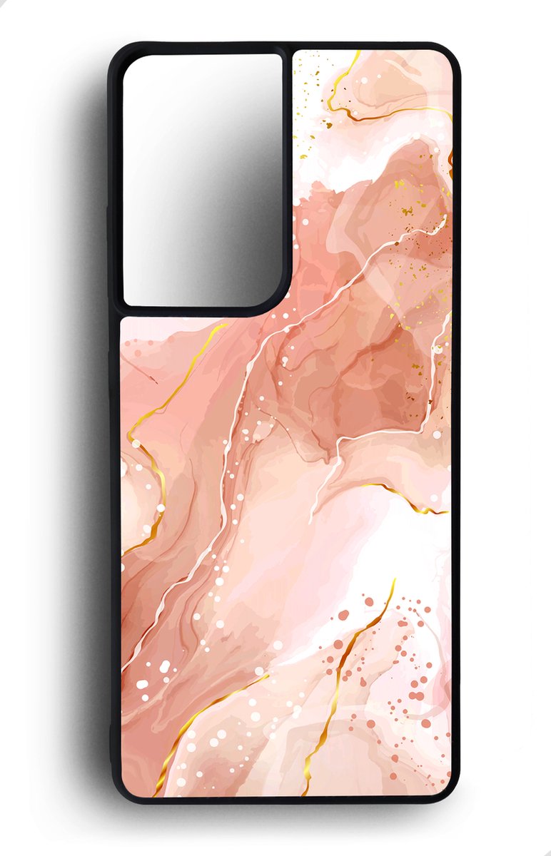 Ako Design Samsung Galaxy S21 Ultra hoesje - Marmer - roze goud - Hoogglans - TPU Rubber telefoonhoesje - hard backcover