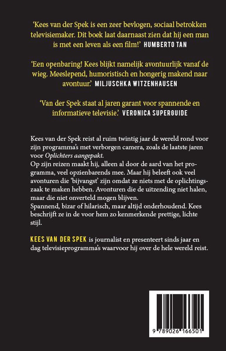 Achterkant boek "Beroep: avonturier" met tekst over Kees van der Spek en ISBN.
