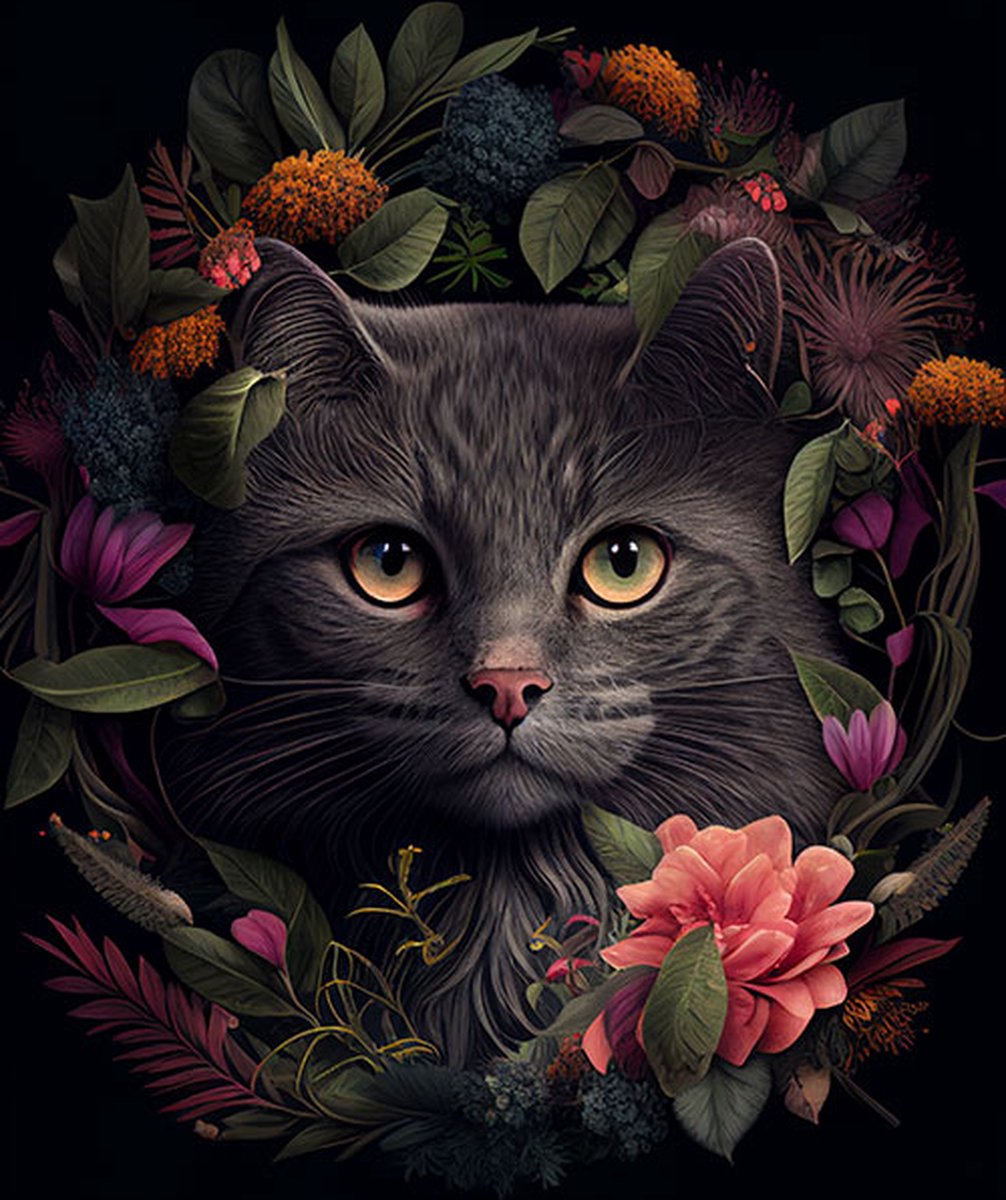 AI - Woondecoratie - Poster - Dieren - Kat - Bloemen en jungle - 38 - 60 x 80 cm