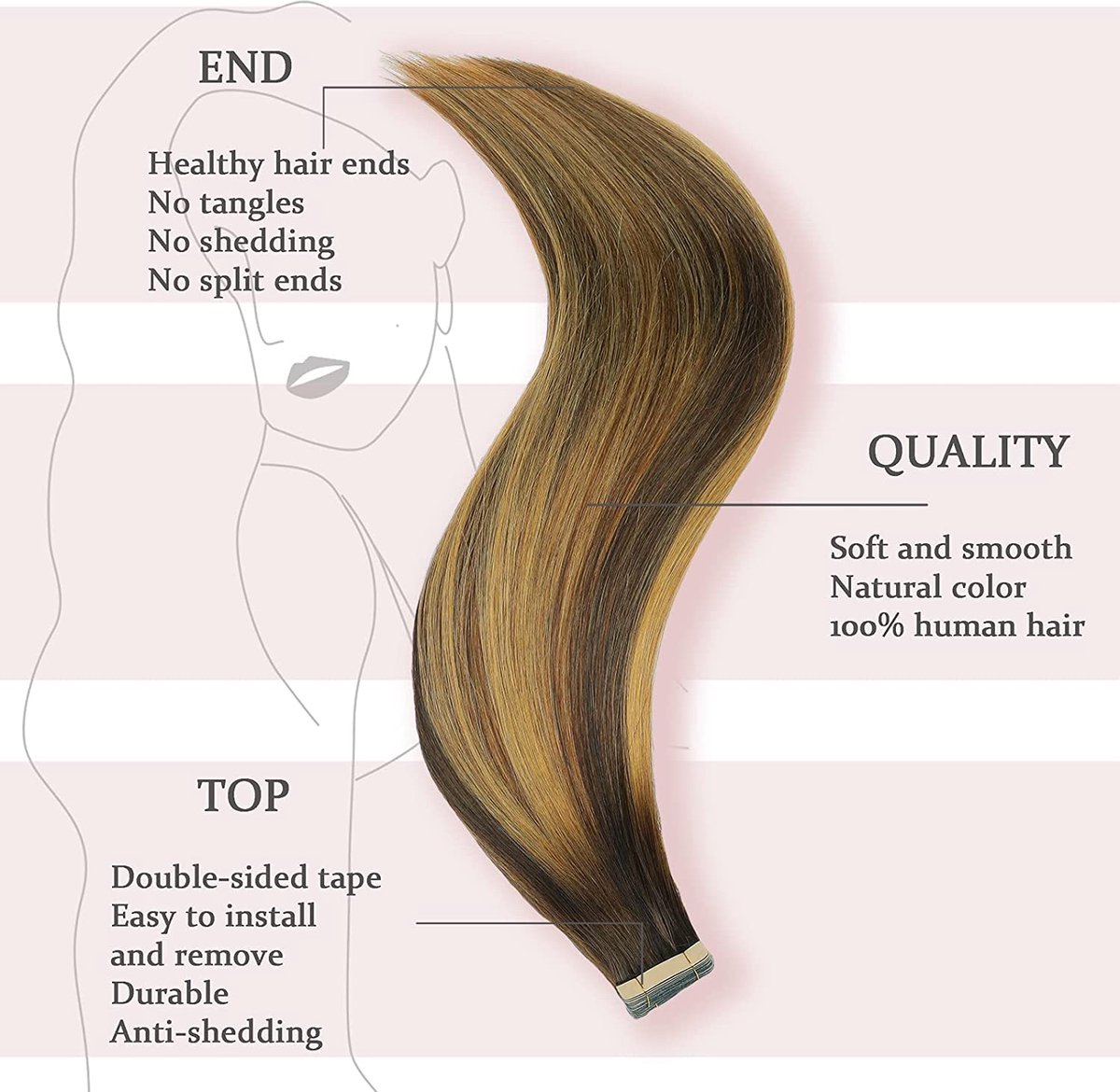 10-60 Extensions De Cheveux à Ruban Adhésif 100% Cheveux Humains, Longueur 50", Marque SEGO - Neuf Avec Étiquettes