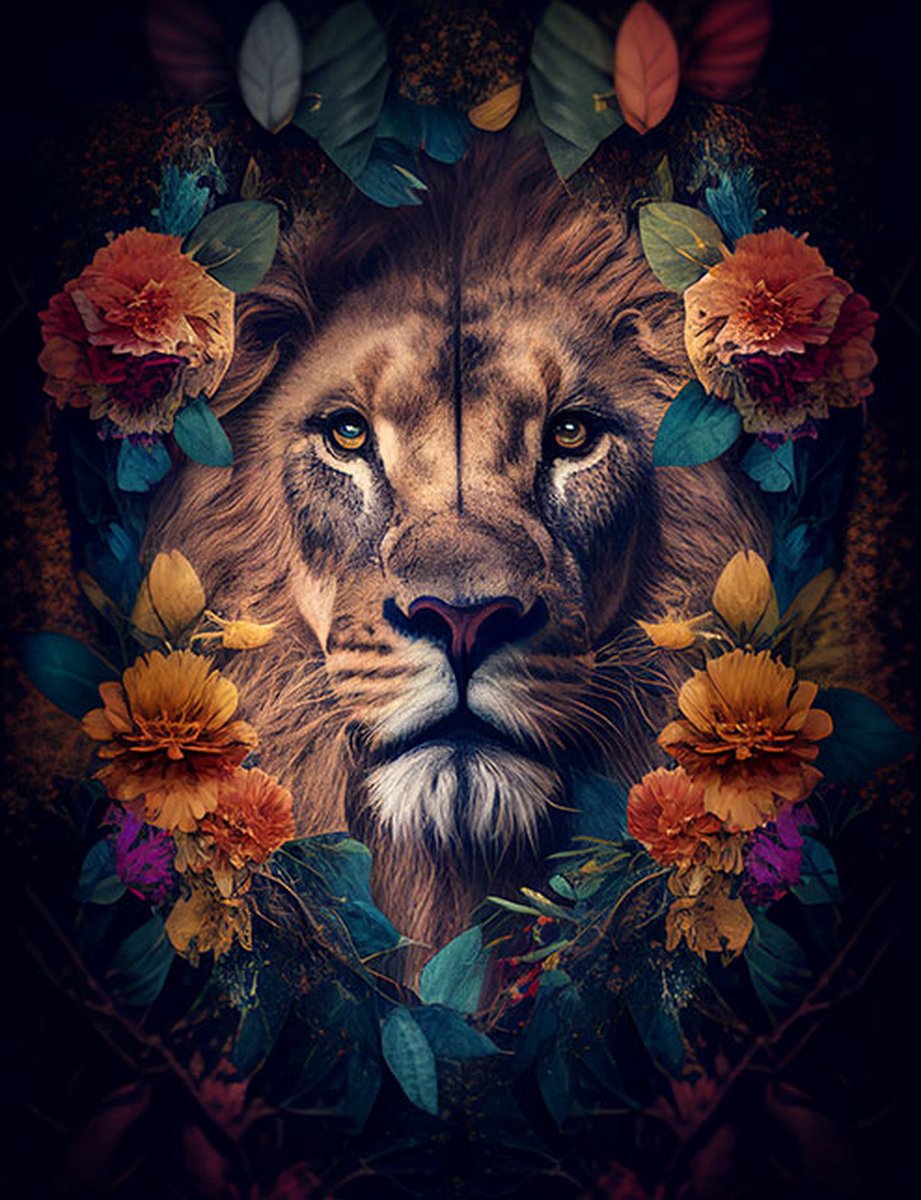 AI - Woondecoratie - Poster - Dieren - Leeuw - Bloemen en jungle - 11 - 40 x 50 cm