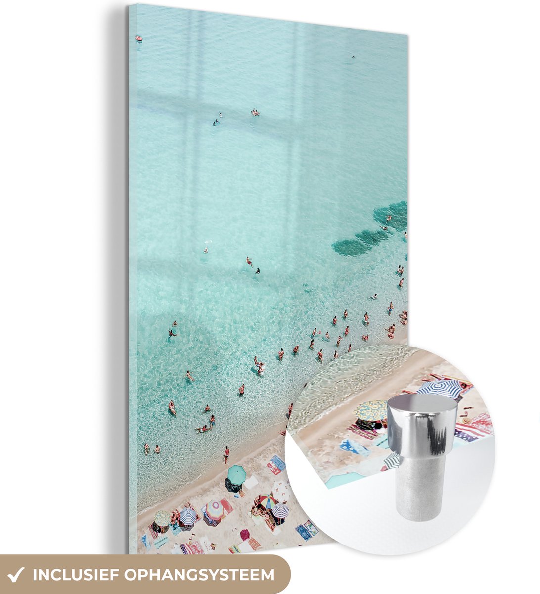 MuchoWow® Glasschilderij 100x150 cm - Schilderij acrylglas - Zee - Strand - Parasols - Bla