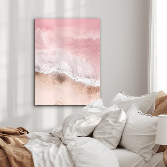 MuchoWow® Peinture sur verre 60x80 cm - Peinture sur verre - Plage - Mer - Rose - Nature - Vagues - Photo sur verre acrylique - Peintures