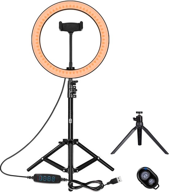 Studio ME - Ringlamp Zwarte XL - 26cm/ 10 inch - Verstelbaar Statief - INCL Mini Tripod - USB Bureau Ringlight - Telefoonhouder - Bluetooth Afstandsbediening