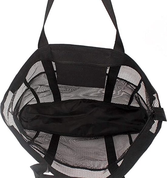 Mesh grote strandtas, extra grote multifunctionele mesh outdoor opbergtas, zandspeelgoed levensmiddelen opbergnettas, lichte nettas strand, picknick (zwart)