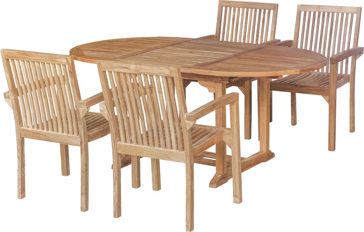 FSC Teak Tuinset Pile - Ovale Uitschuiftafel (120-180cm) & 4 Stapelbare Stoelen