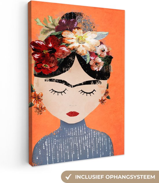 Canvas Schilderij Portret - Frida Kahlo - Oranje - Vrouw - Bloemen - 20x30 cm - Wanddecoratie