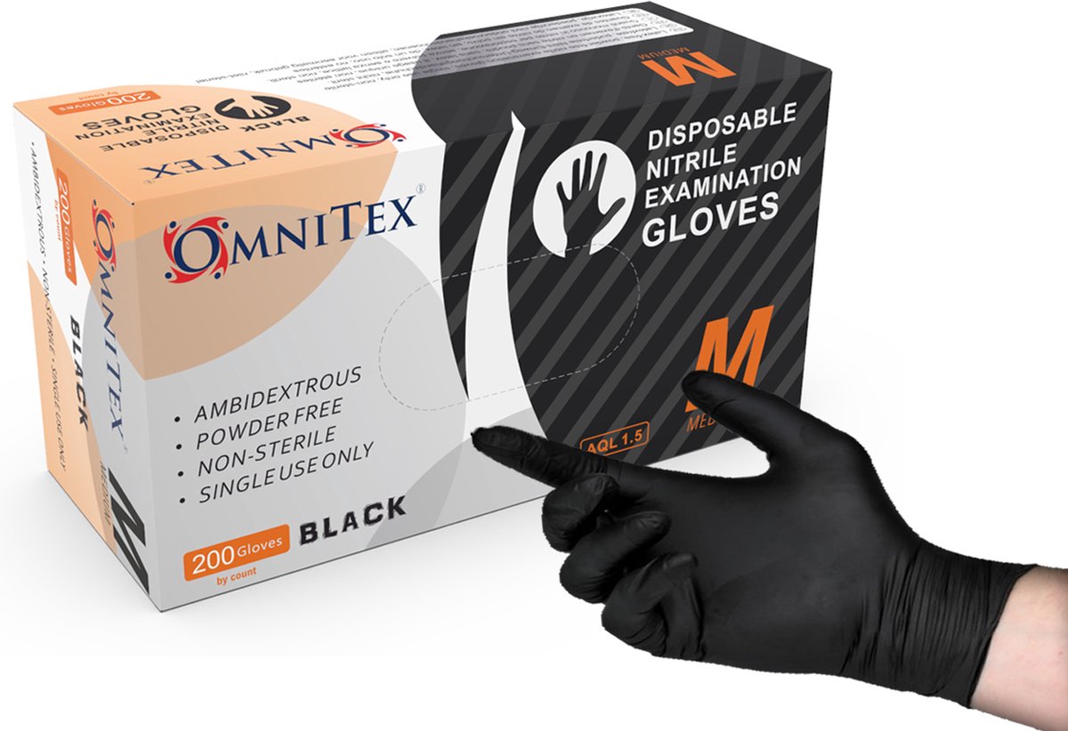 Goedkoopste Omnitex Premium 200st. Zwarte Nitrilhandschoenen | Maat M | Poedervrij | Latexvrij | Voedselveilig | EN455 EN374 EN420 | CE & UKCA Cat3-klasse