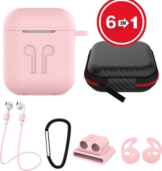 6 in 1 siliconen case met accessoires geschikt voor AirPods - roze | bol.com