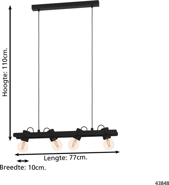 Suspension EGLO Plimsoll - E27 - 77 cm - Zwart - Acier/Bois
