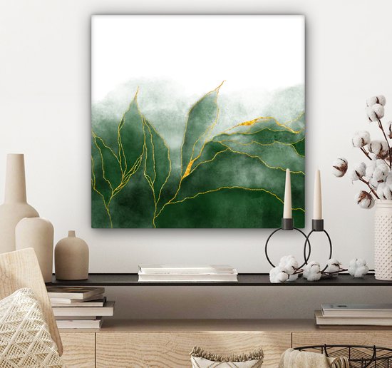 Canvas Schilderij Marmer - Groen - Luxe - Goud - Marmerlook - 50x50 cm - Wanddecoratie