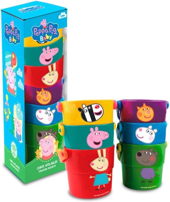 Deux piles de seaux Peppa Pig, l'un dans sa boîte. Couleurs des seaux : rouge, vert, violet, bleu, jaune et orange.