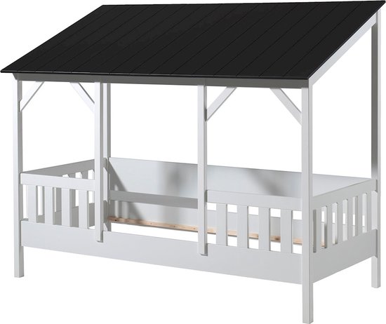 Vipack Bed HuisBed inclusief vensterbanken, heel dak en slaaplade - 90 x 200 cm - wit/zwart