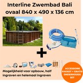 Interline zwembad Bali 8,40 x 4,90 ovaal - Houten constructie - Op- en inbouw - Inclusief filterset - Inclusief zwembadtrap - Gratis onderhoudsset