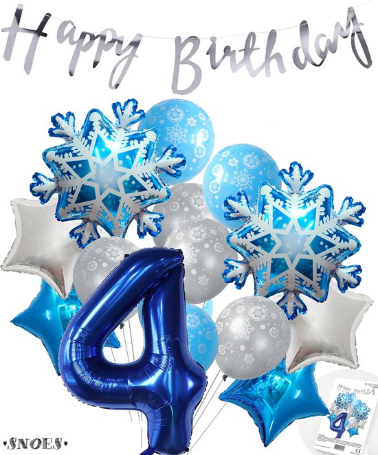 Cijferballon 4 Blauw - Frozen - Ijssterren - Ballonnen Megapakket - Slinger Feestvieren - Verjaardag Snoes