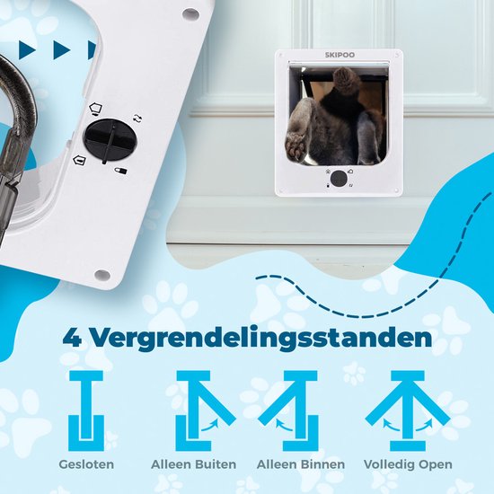 Skipoo Kattenluik met Tunnel - 27 x 23,5 cm - Grote Kat - 4 Vergrendelingsstanden - Wit