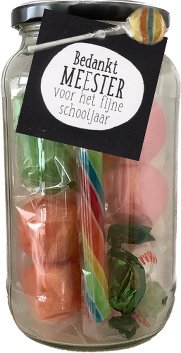 Snoeppot Gevuld 'Meester Bedankt' 1 liter - Snoeppot glas met deksel - Meester Cadeau - Meester Bedankt - Leerkracht Cadeau