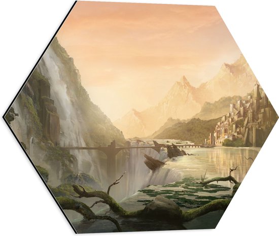 Dibond Hexagon - Fantasie Landschap met Waterval - 50x43.5 cm Foto op Hexagon (Met Ophangsysteem)