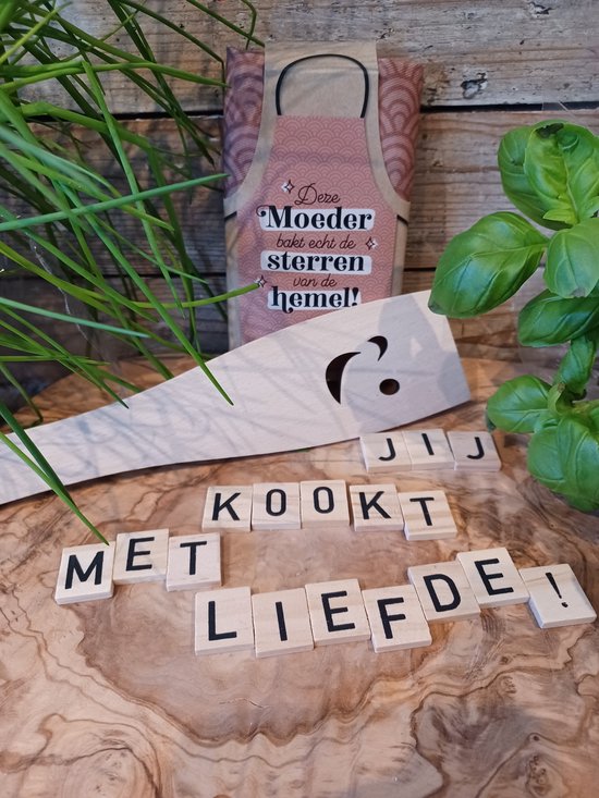 Keukenschort-Moeder-Houten Spatel-Schort-Sloof-Pasen-Paasbrunch-Moederdagcadeau-Thuiskok-Familiediner-Kerstdiner-Paasbrunch-Duurzaam-Origineel-Kookcadeau-Koken-Bakken-Moederdag-Mama-Bonus Moeder-Schoonmoeder-Kerst-Sinterklaas-Verjaardag-Oppas Oma