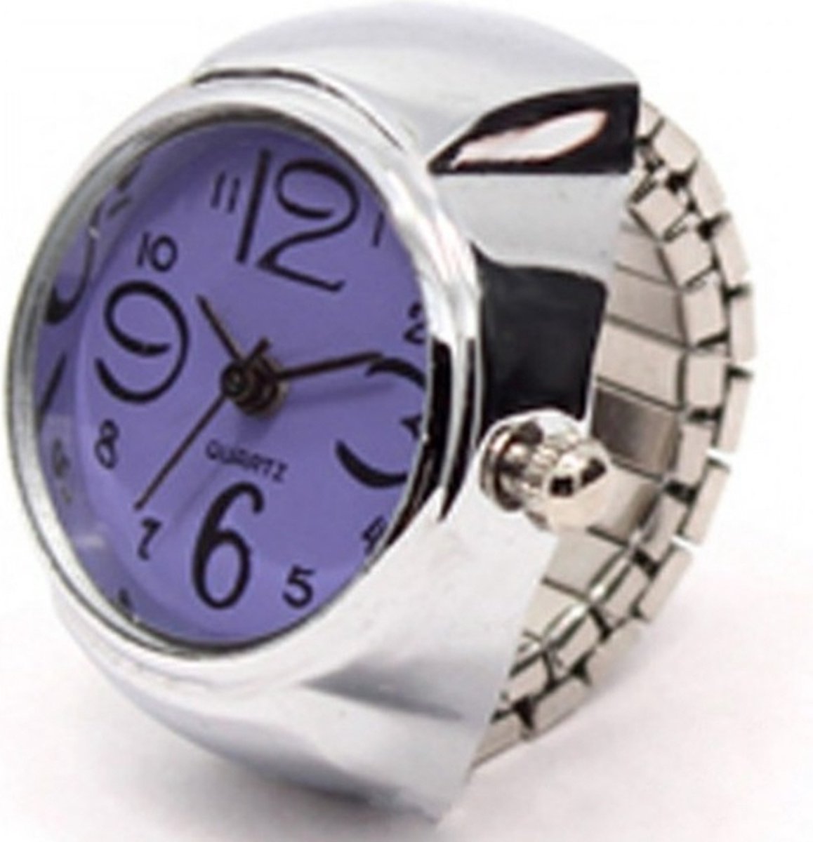 Ring horloge rekbaar - zilverkleurig - paars - 2 cm dial - one size