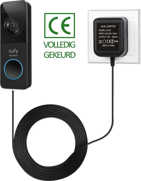 JC's - Transformator voor Eufy video deurbel - Adapter voor Eufy video deurbel - 18 volt - 5 meter kabel