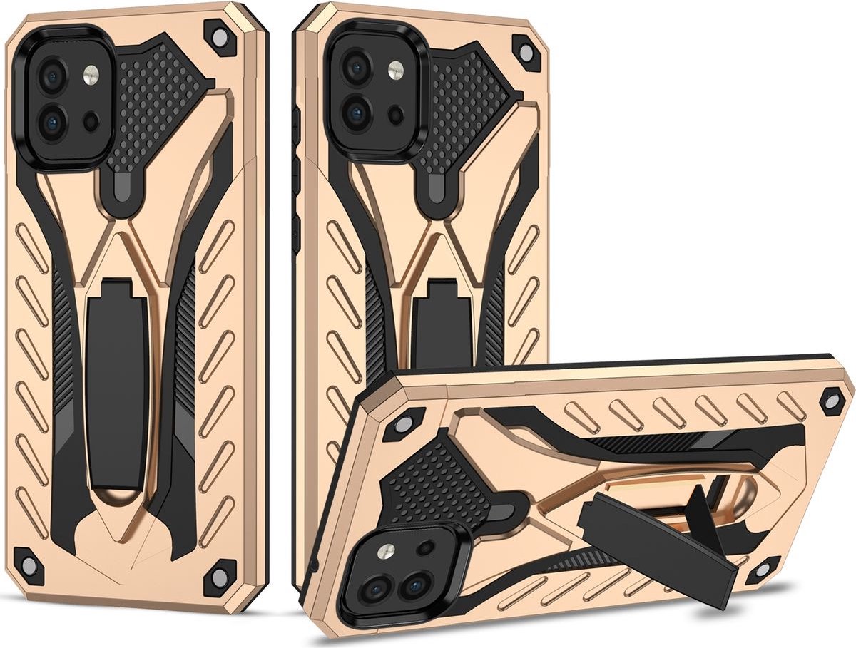 Mobigear Hoesje geschikt voor Samsung Galaxy A03 Telefoonhoesje Hardcase | Mobigear Armor Stand Backcover Shockproof met Standaard | Schokbestendig Galaxy A03 Telefoonhoesje | Anti Shock Proof - Goud