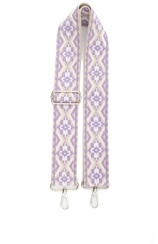 Lina bag strap- Tassenriem- Verstelbaar- Zilver - Polyester- Aztec print- 5cm- 135cm- Beige lila wit