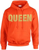 Koningsdag sweater met capuchon-Queen oranje glitter goud-Koningsdag kleding-Dames-Maat L