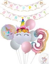 Eenhoorn Unicorn Sweet Color Feestpakket inclusief DIY Happy Birthday Slinger - Snoes - Cijfer Ballon 3 Jaar - Roze - Wit - Pastel